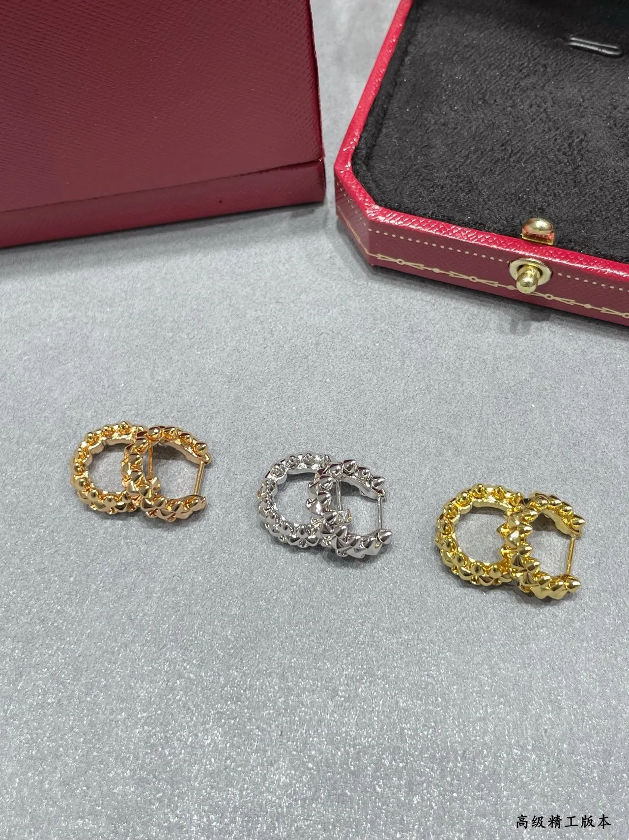 Cartier Gold Silver Interlocking Double-C Motif Textured Granulated Surface Earrings 9