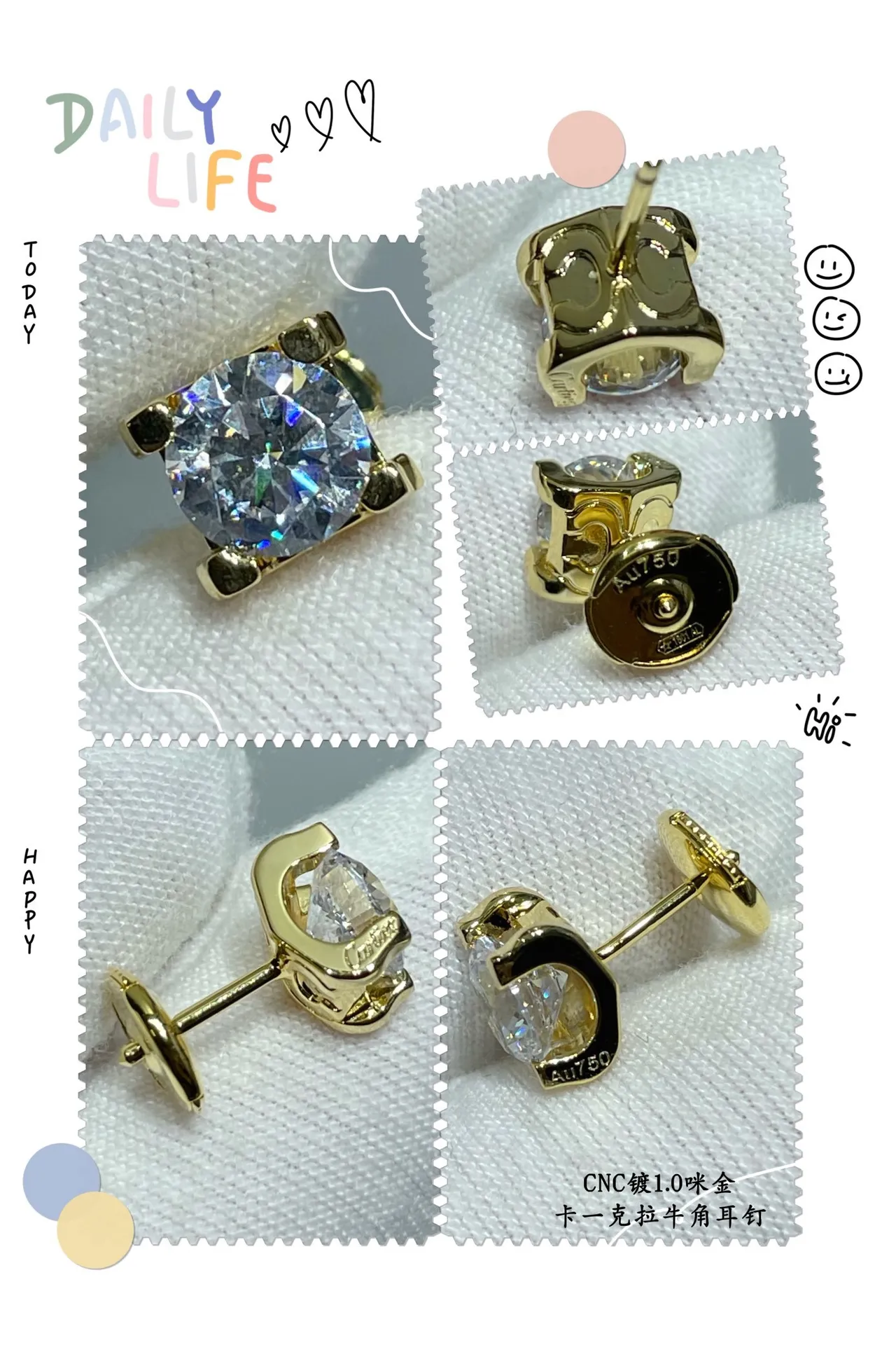 Cartier Oro Plata Corte Cuadrado Piedra Cuatro Garra Engaste Aretes 2