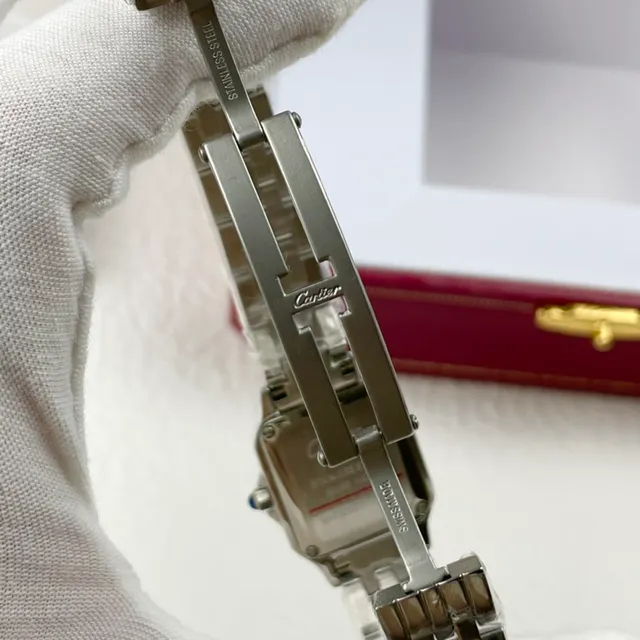 Cartier Santos Square وجه أبيض إطار مرصع بالماس بأسلوب Pavé ساعة ميكانيكية 3