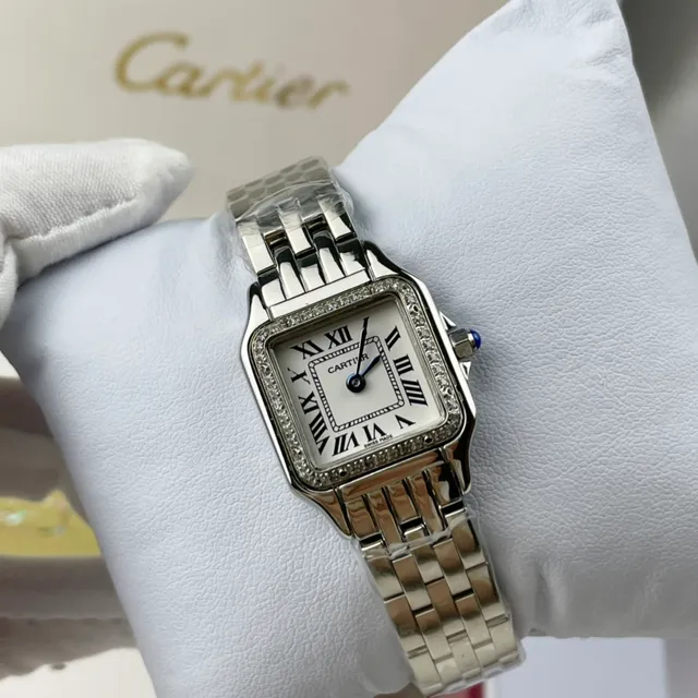 Cartier Santos Square وجه أبيض إطار مرصع بالماس بأسلوب Pavé ساعة ميكانيكية 4