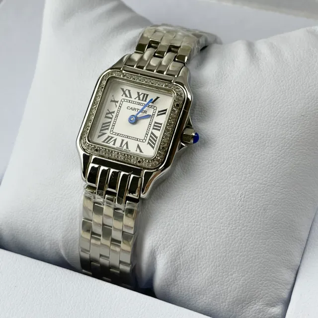 Cartier Santos Square وجه أبيض إطار مرصع بالماس بأسلوب Pavé ساعة ميكانيكية 6