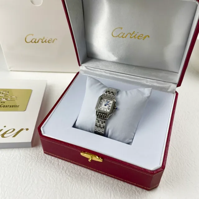 Cartier Santos Square وجه أبيض إطار مرصع بالماس بأسلوب Pavé ساعة ميكانيكية 7