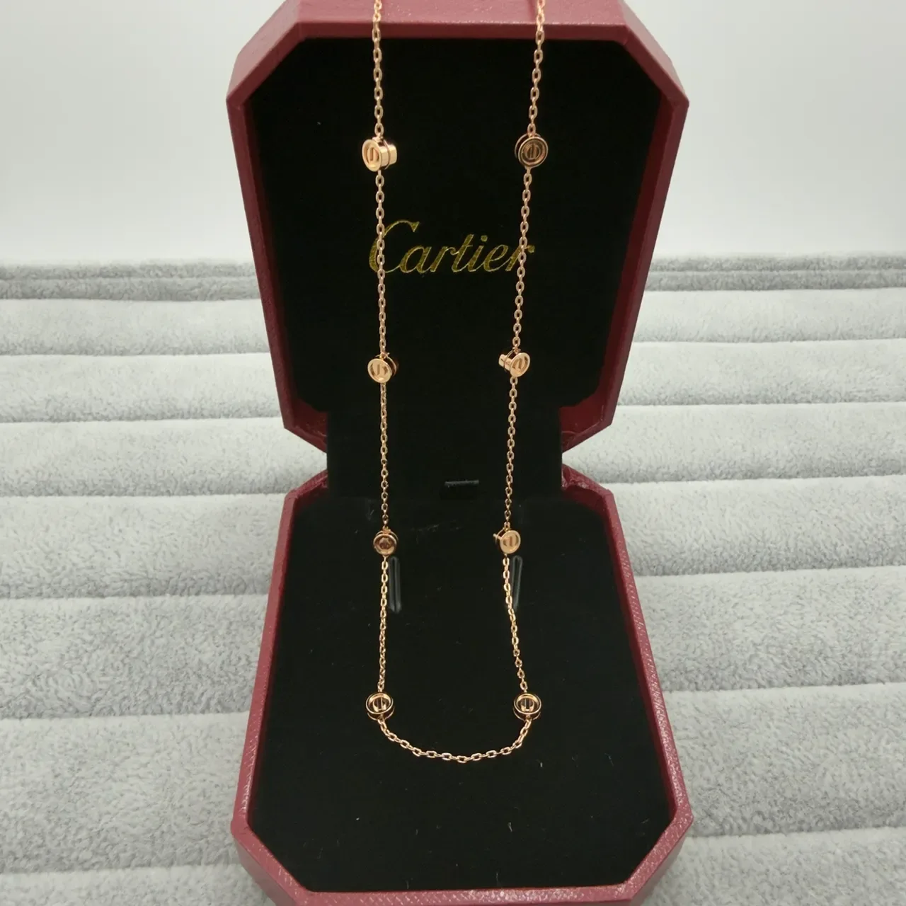 Cartier Silver Red Fine Link Chain Circular Bezel-Set Elements Necklace 4