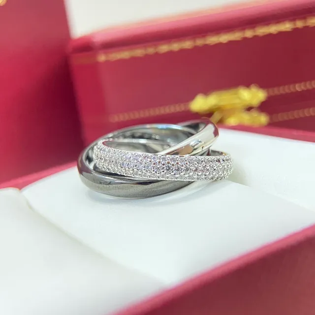 Cartier Silver White Interlocking Triple Bands Pavé-Set Diamonds Ring 4
