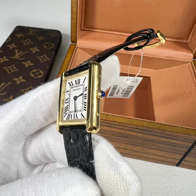 Cartier Tank Louis Rectangular Gold Case White Dial Black Alligator Strap Mechanical Watch 6