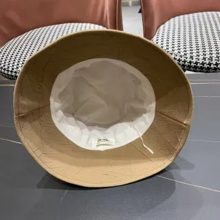Celine Beige White Crinkled Textured Exterior Structured Wide Brim Bucket Hat