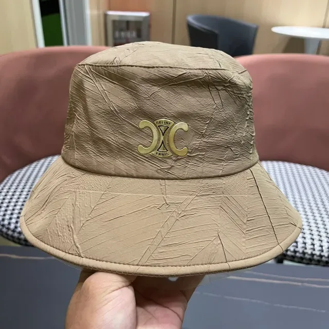 Celine Beige White Crinkled Textured Exterior Structured Wide Brim Bucket Hat 7