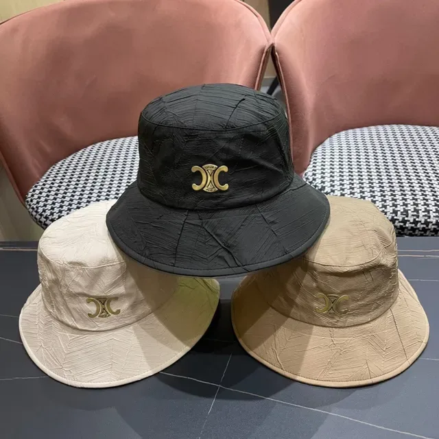 Celine Beige White Crinkled Textured Exterior Structured Wide Brim Bucket Hat 9