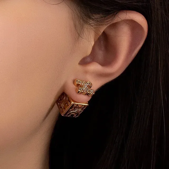 Celine Triomphe Gold Silver Cube-Shaped Engraved Logo Earrings 9