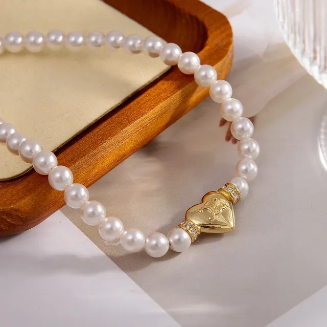 Celine Bracelet Chaîne de Perles avec Charm Cœur en Or Blanc 2