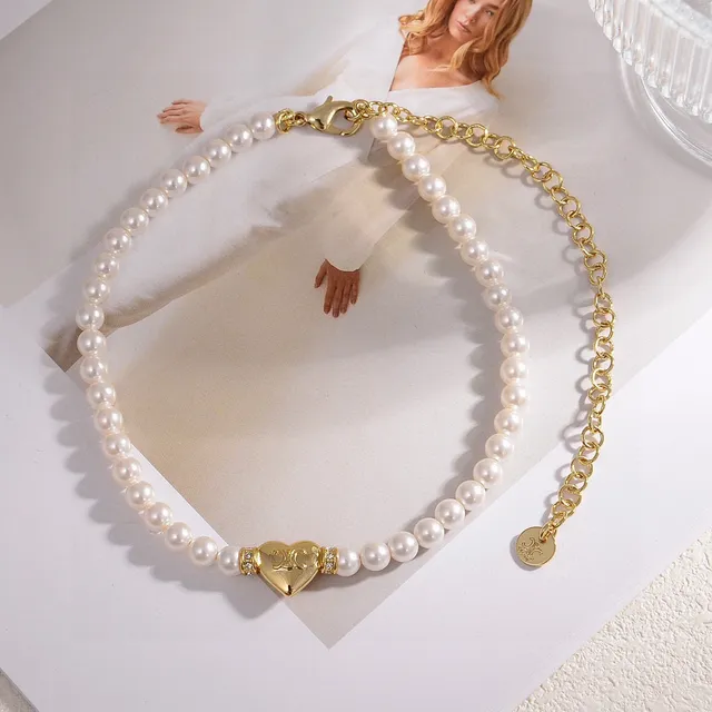 Celine Bracelet Chaîne de Perles avec Charm Cœur en Or Blanc 5