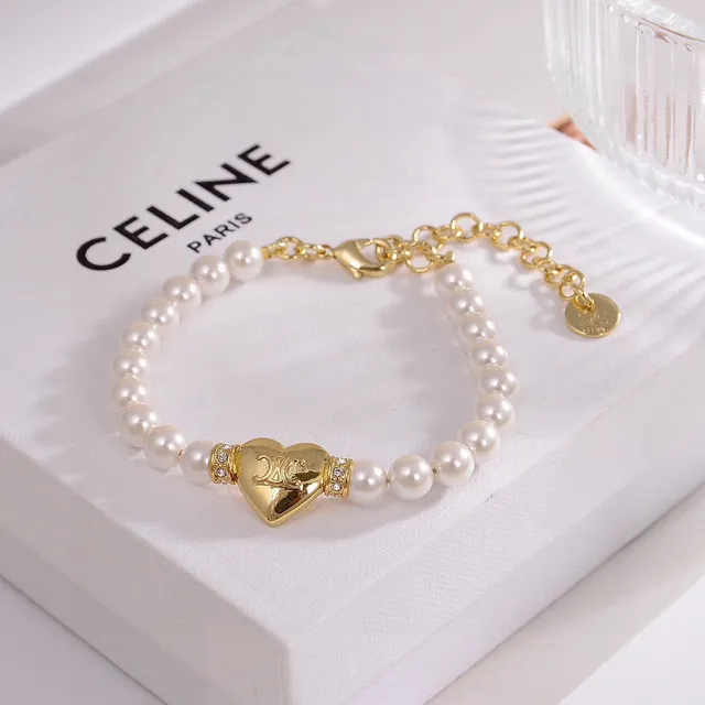 Celine Bracelet Chaîne de Perles avec Charm Cœur en Or Blanc 6