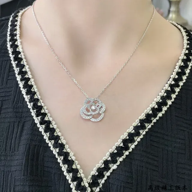 Chanel Camellia Pavé Flower Pendant Necklace 8