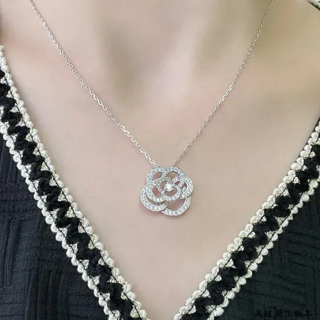 Chanel Camellia Pavé Flower Pendant Necklace 9