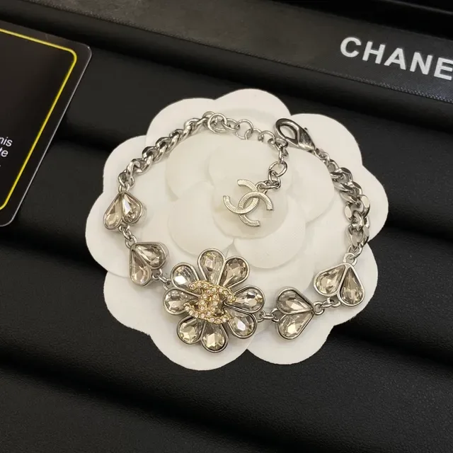 Chanel Camellia Silver White Floral Motif Crystal-Embellished Necklace 2