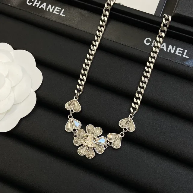 Chanel Camellia Silver White Floral Motif Crystal-Embellished Necklace 6