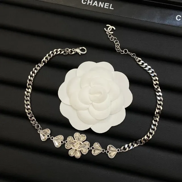 Chanel Camellia Silver White Floral Motif Crystal-Embellished Necklace 7