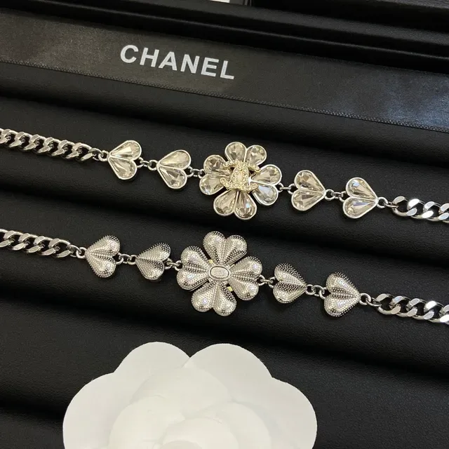 Chanel Camellia Silver White Floral Motif Crystal-Embellished Necklace 8