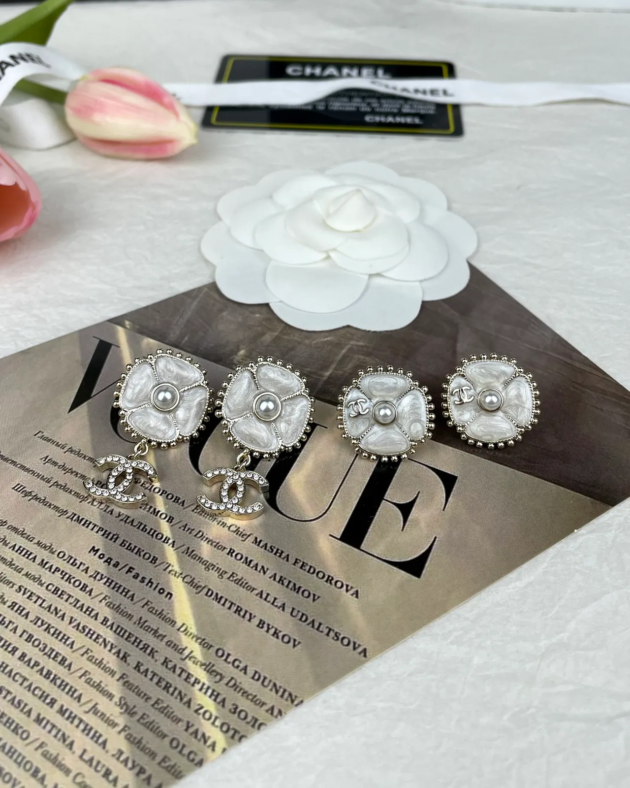 Chanel Camellia White Silver Floral Motif Pearl-Centered Earrings 2