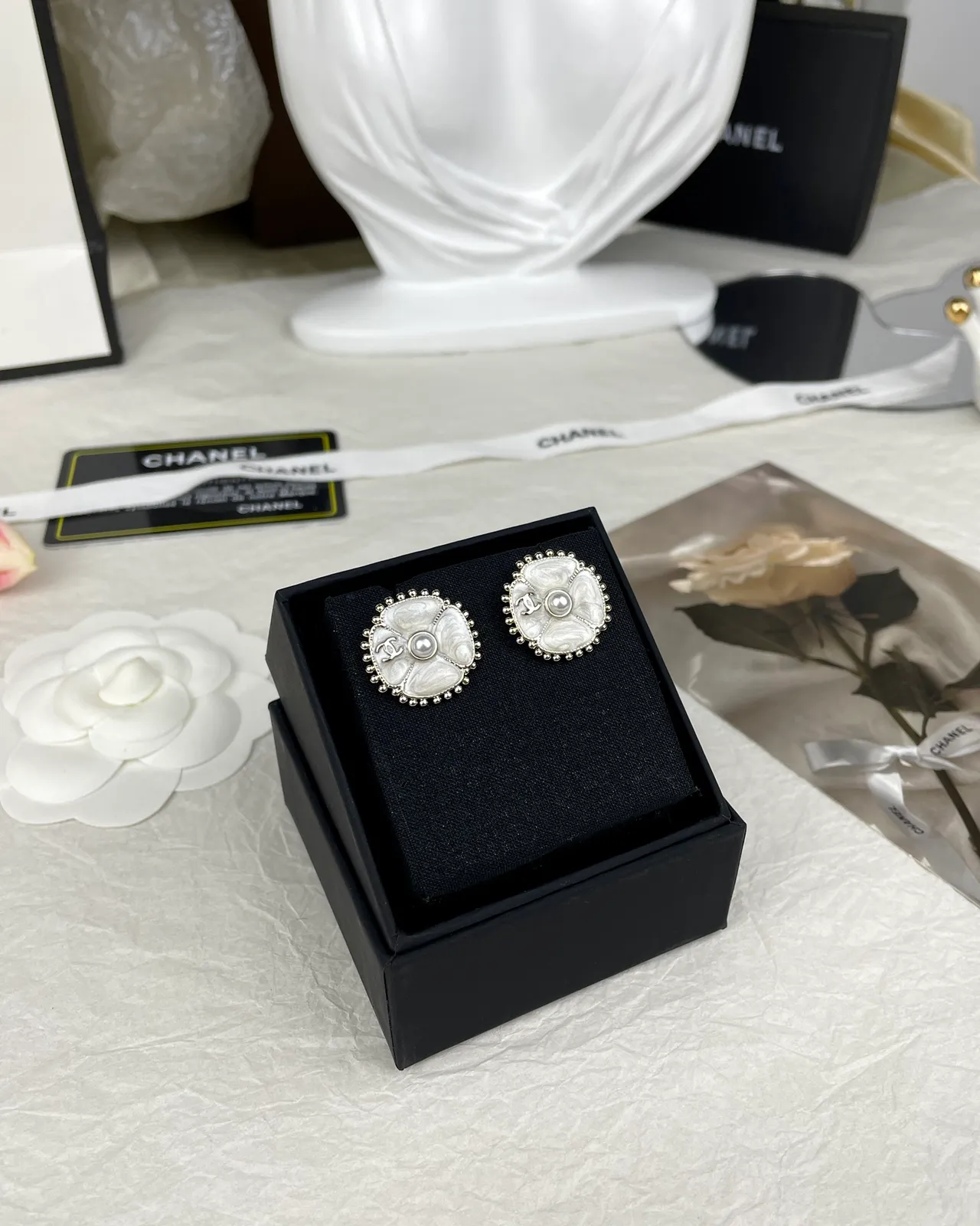 Chanel Camellia White Silver Floral Motif Pearl-Centered Earrings 6