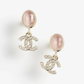 Chanel CC Pendientes Oro Rosa Piedra Ovalada Facetada de Metal