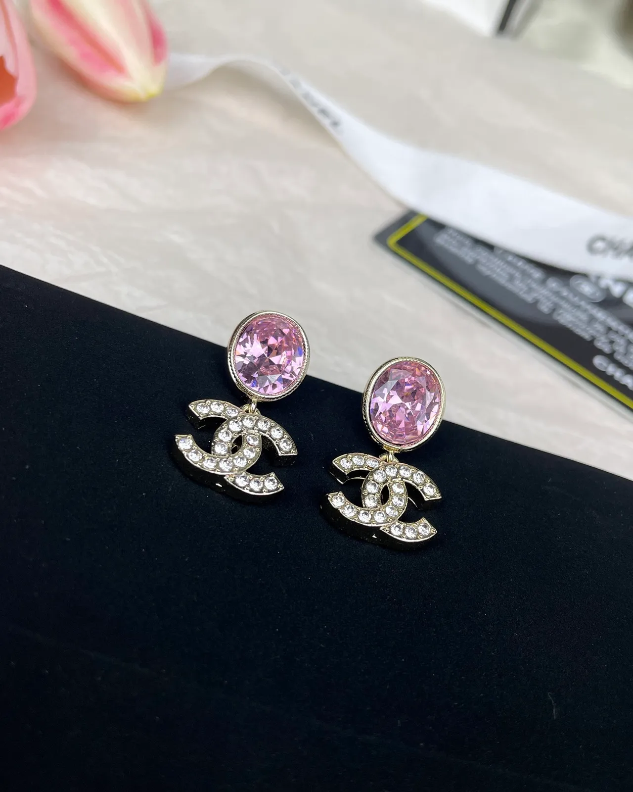 Chanel CC Boucles d'Oreilles Or Rose Facetée Ovale Pierre Métal 3