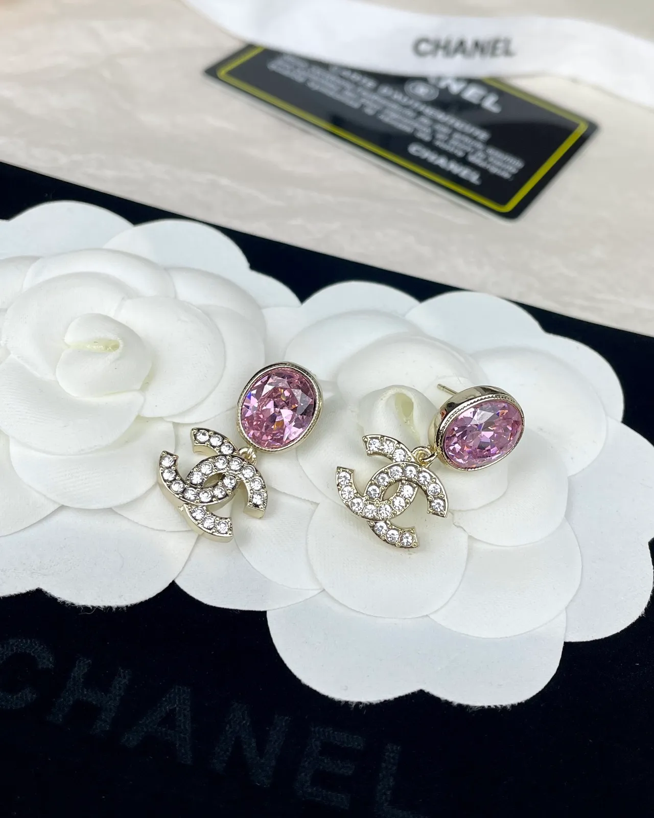 Chanel CC Boucles d'Oreilles Or Rose Facetée Ovale Pierre Métal 6