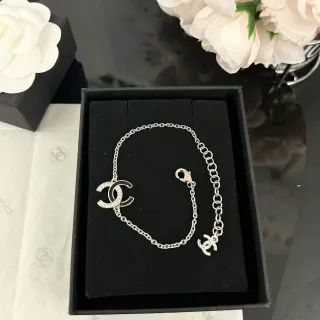 Chanel CC Logo Bracelet Silver Pave Crystal Dual Charm Bracelet