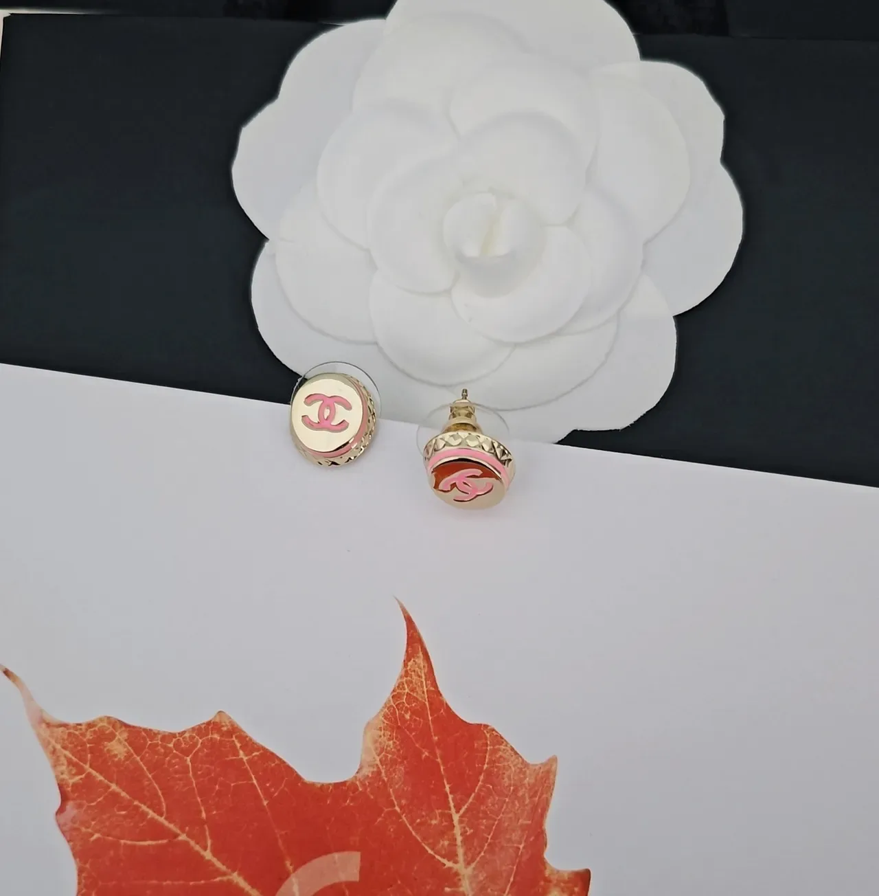 Chanel CC Logo Stud Gold Pink Round Enamel Earrings 2
