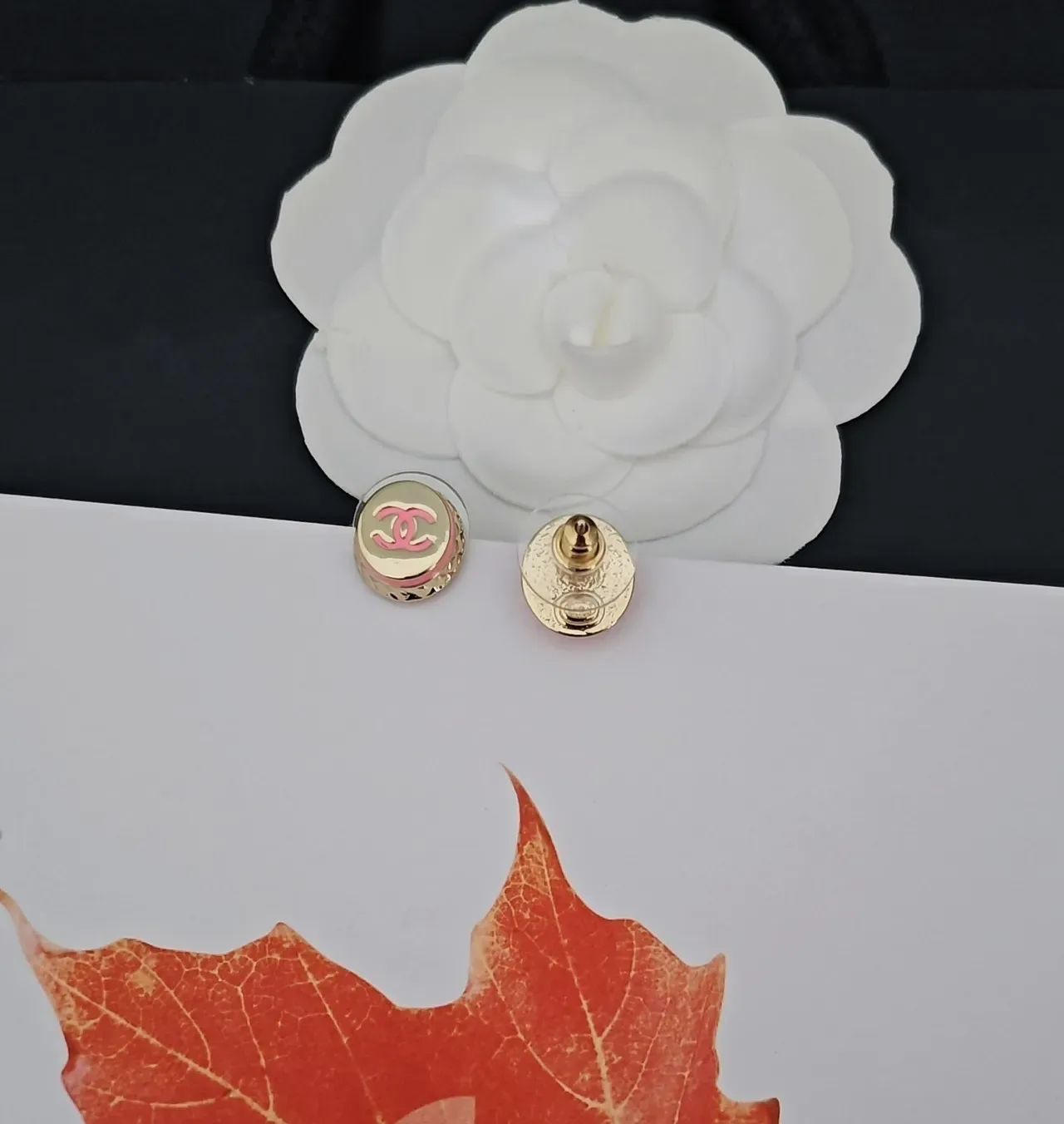 Chanel CC Logo Stud Gold Pink Round Enamel Earrings 3