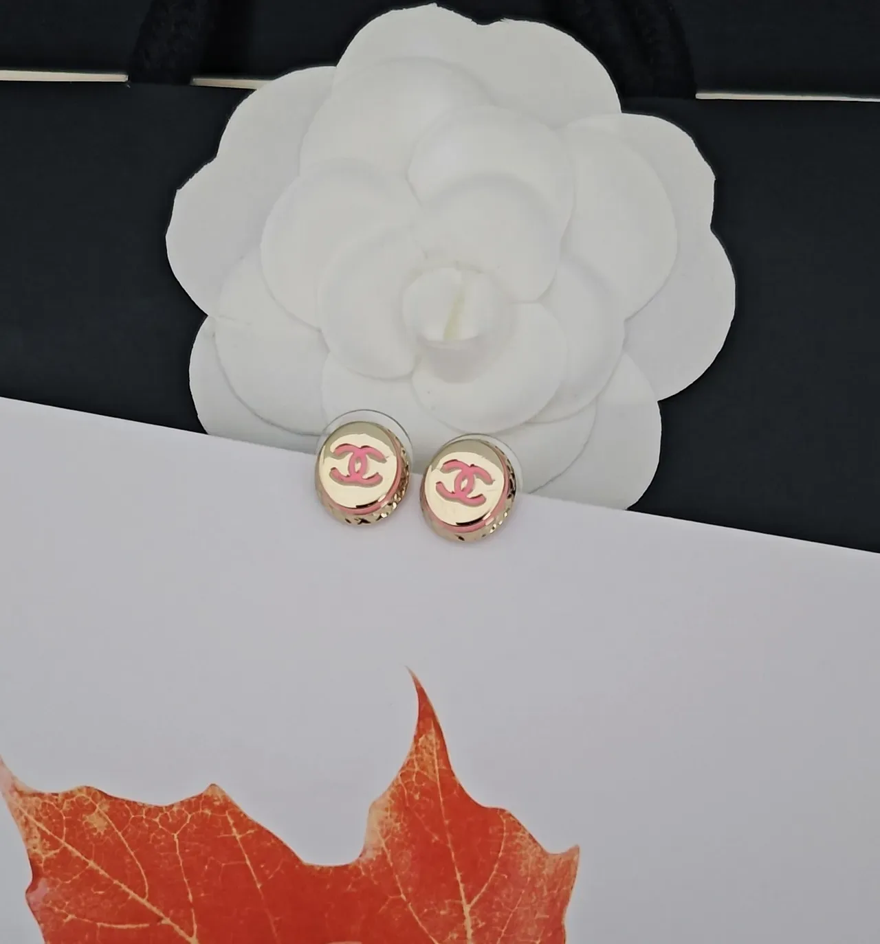 Chanel CC Logo Stud Gold Pink Round Enamel Earrings 4