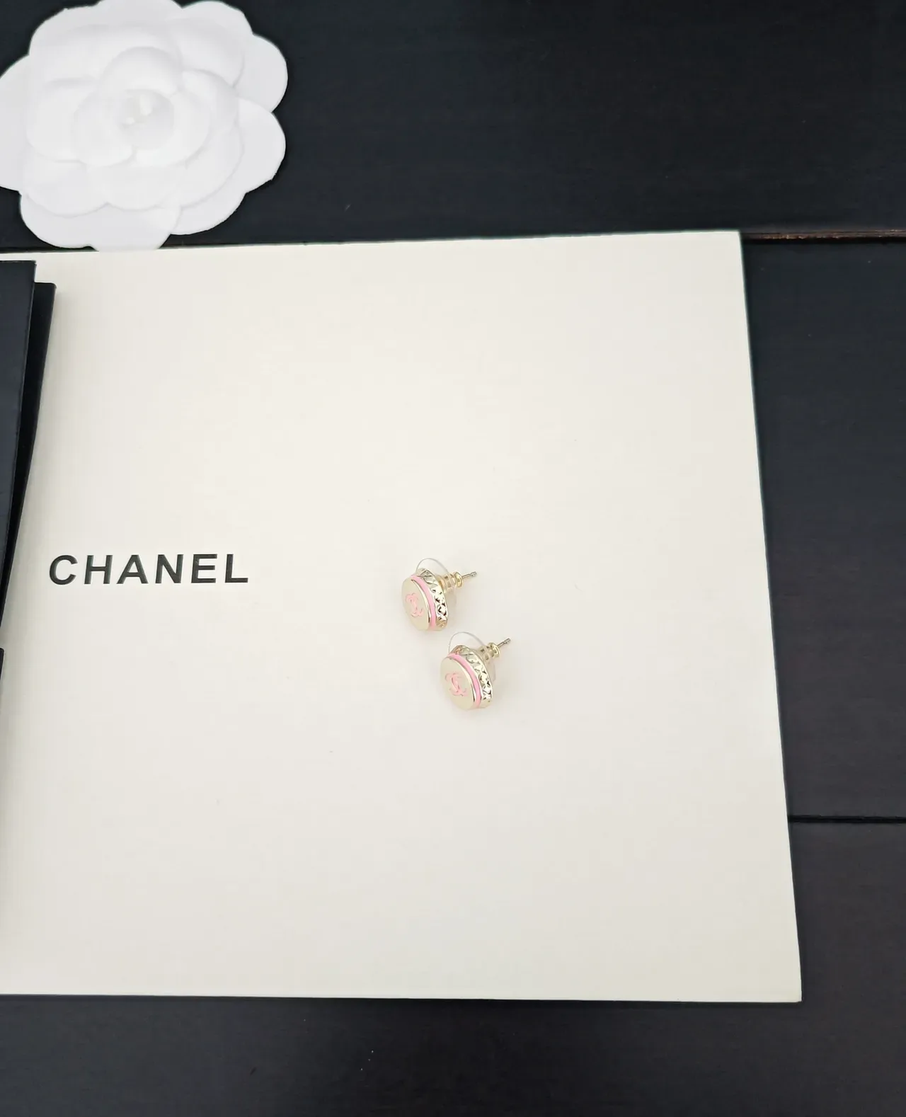 Chanel CC Logo Stud Gold Pink Round Enamel Earrings 5