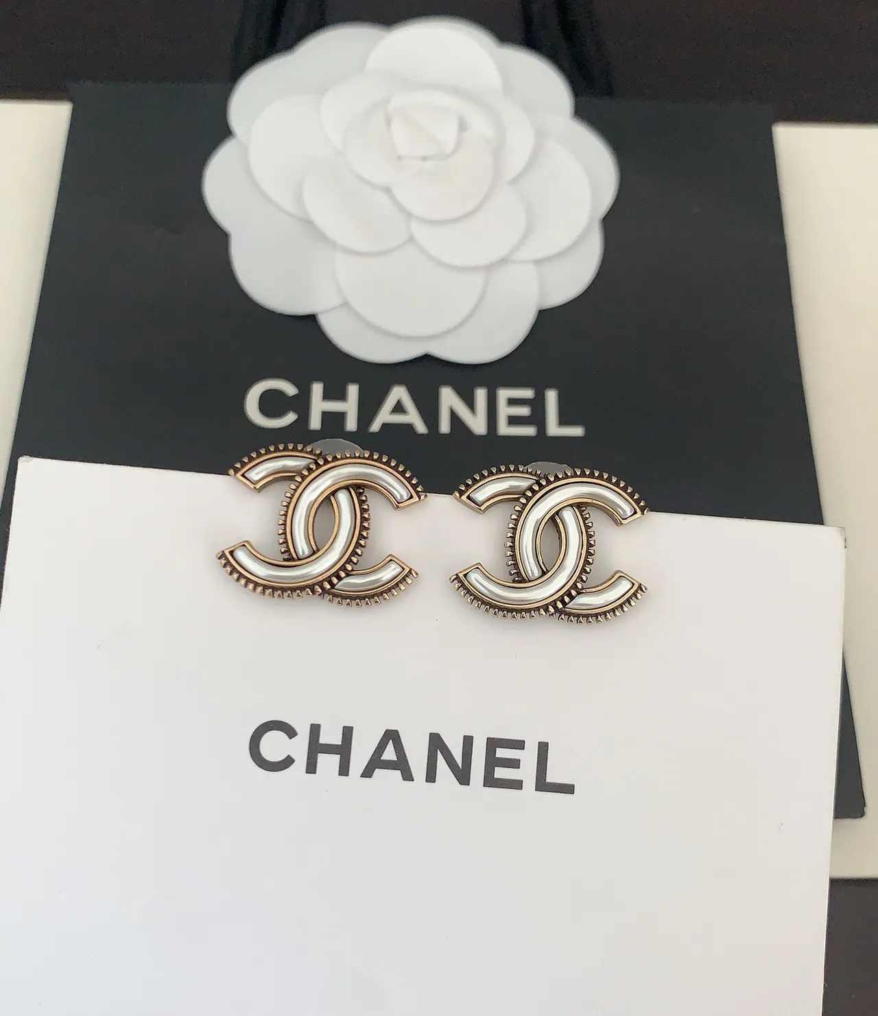 Chanel CC Logo White Enamel Gold-Tone Earrings 3