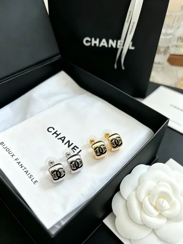 Chanel CC Square Stud Gold Black Studs Metal Earrings 4