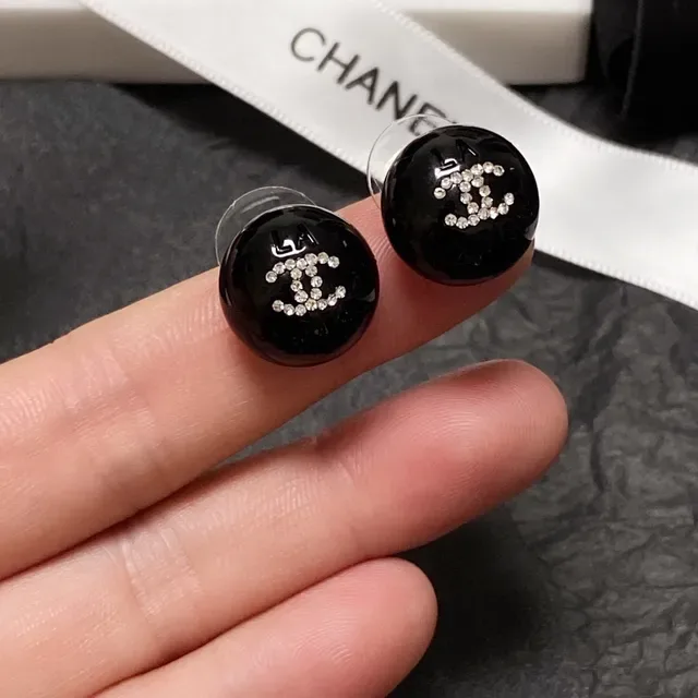 Chanel CC Stud Black Silver Glossy Resin Crystal-Embellished Interlocking Logo Earrings 2