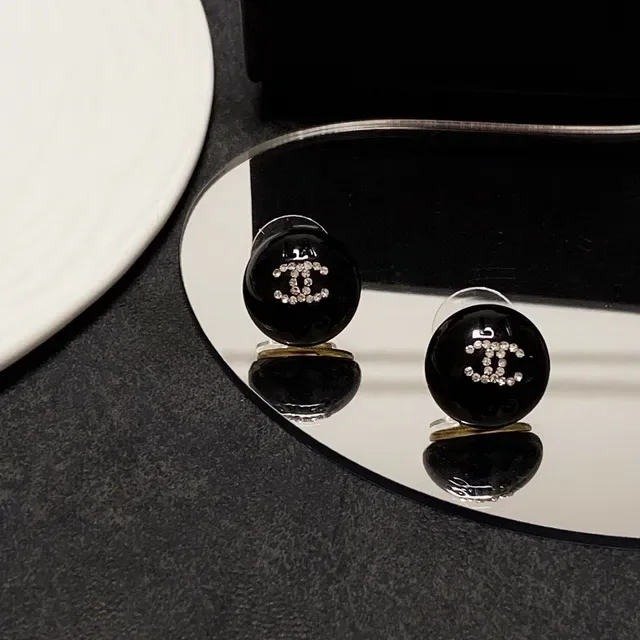 Chanel CC Stud Black Silver Glossy Resin Crystal-Embellished Interlocking Logo Earrings 4
