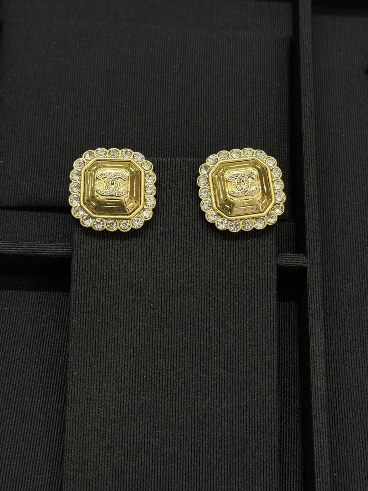 Chanel CC Stud Gold Silver Octagonal Crystal-Encrusted Border Earrings 6