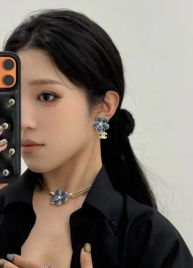 Chanel Floral Denim-Textured Crystal Earrings 6
