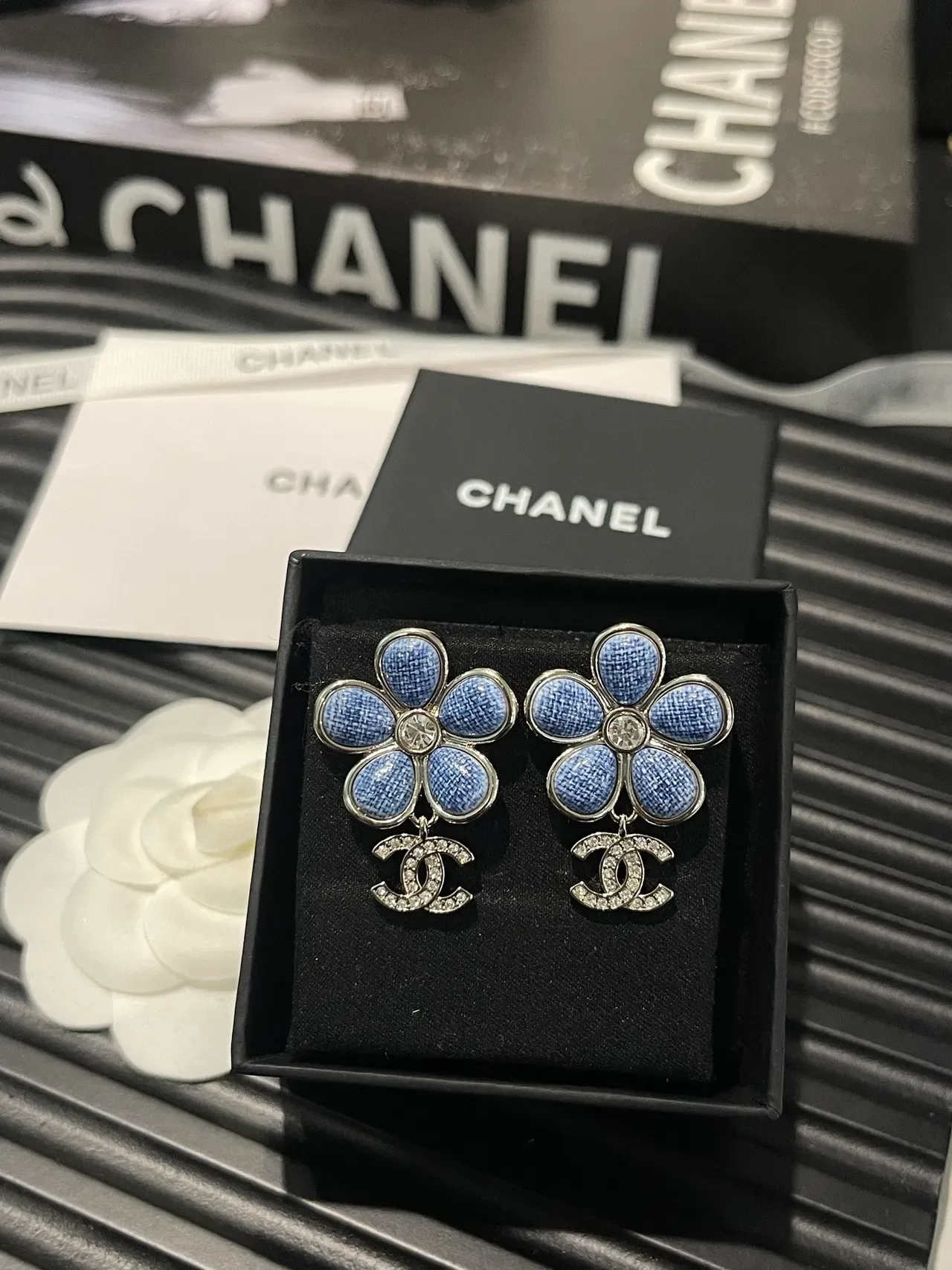 Chanel Floral Denim-Textured Crystal Earrings 11