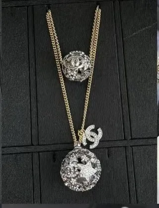 Chanel Gold Silver Chain Crystal-Encrusted Spherical Pendant Necklace 5