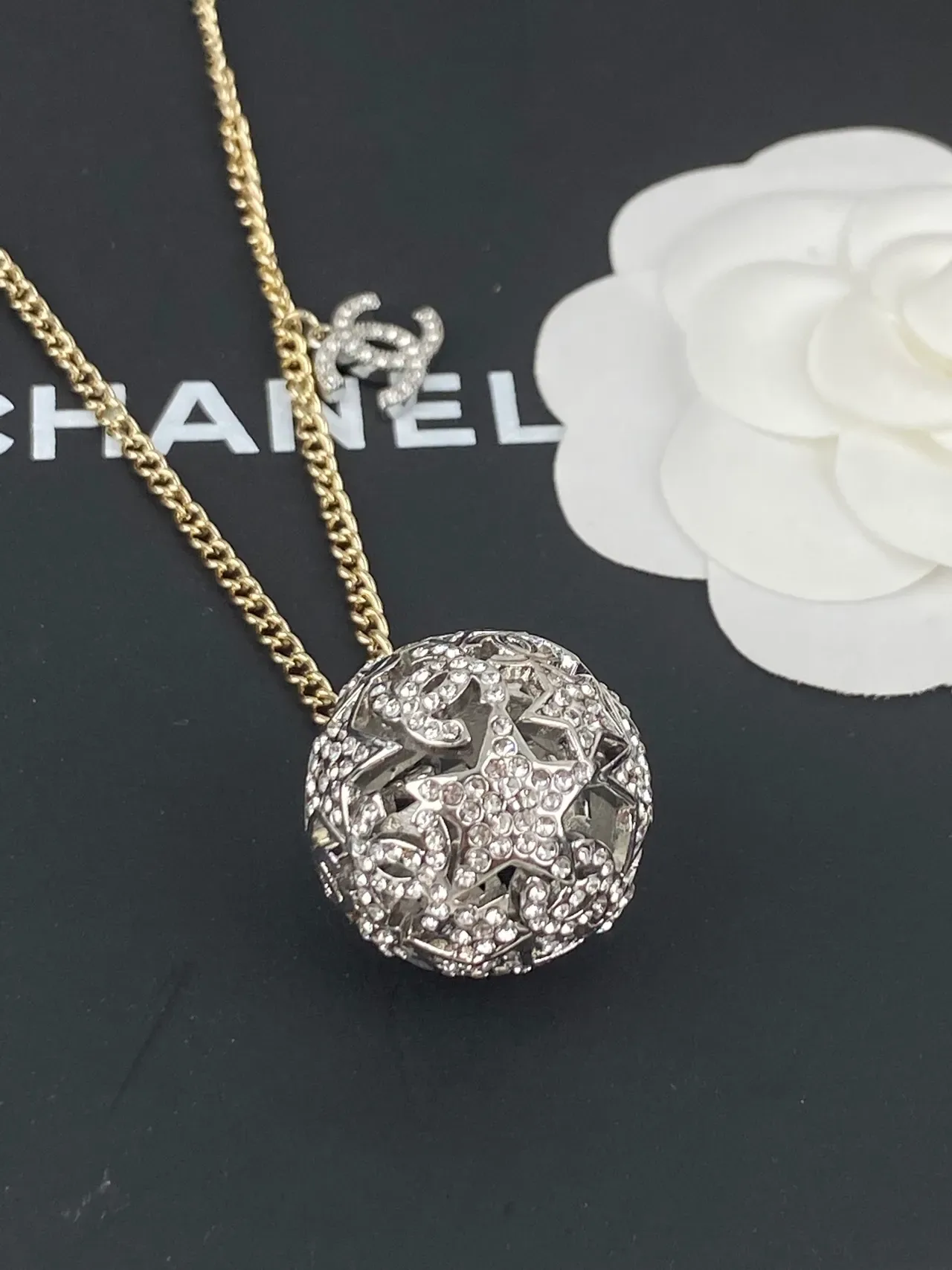 Chanel Gold Silver Chain Crystal-Encrusted Spherical Pendant Necklace 6