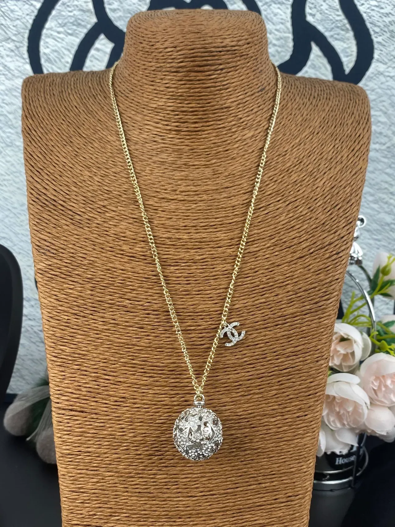 Chanel Gold Silver Chain Crystal-Encrusted Spherical Pendant Necklace 7