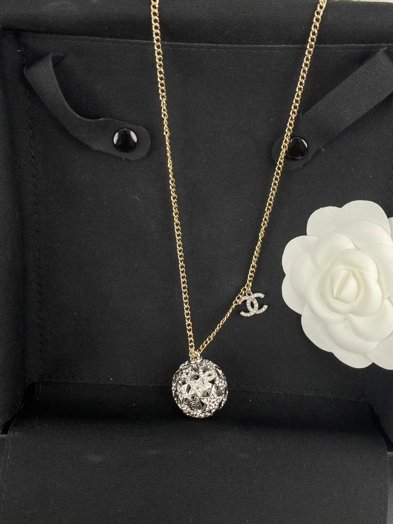 Chanel Gold Silver Chain Crystal-Encrusted Spherical Pendant Necklace 8