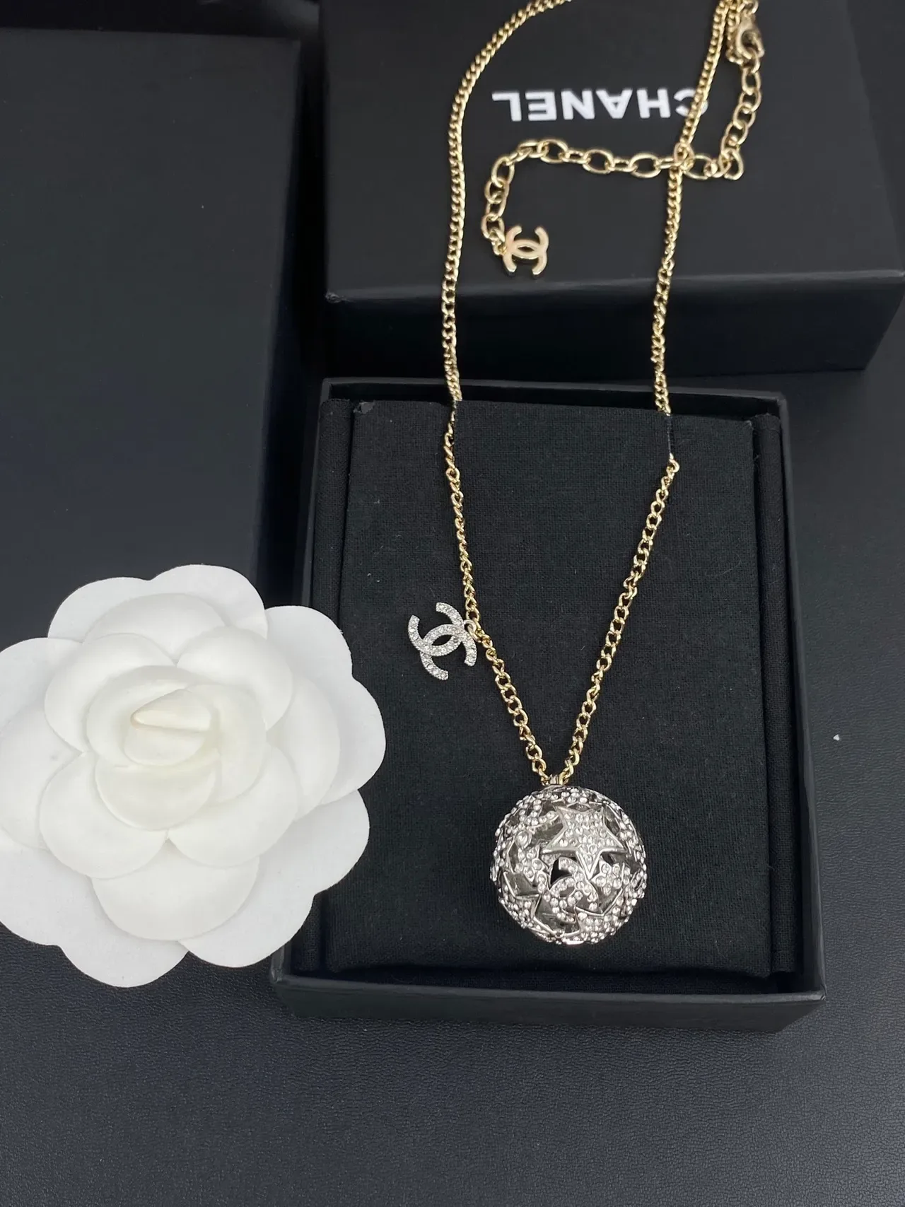 Chanel Gold Silver Chain Crystal-Encrusted Spherical Pendant Necklace 9