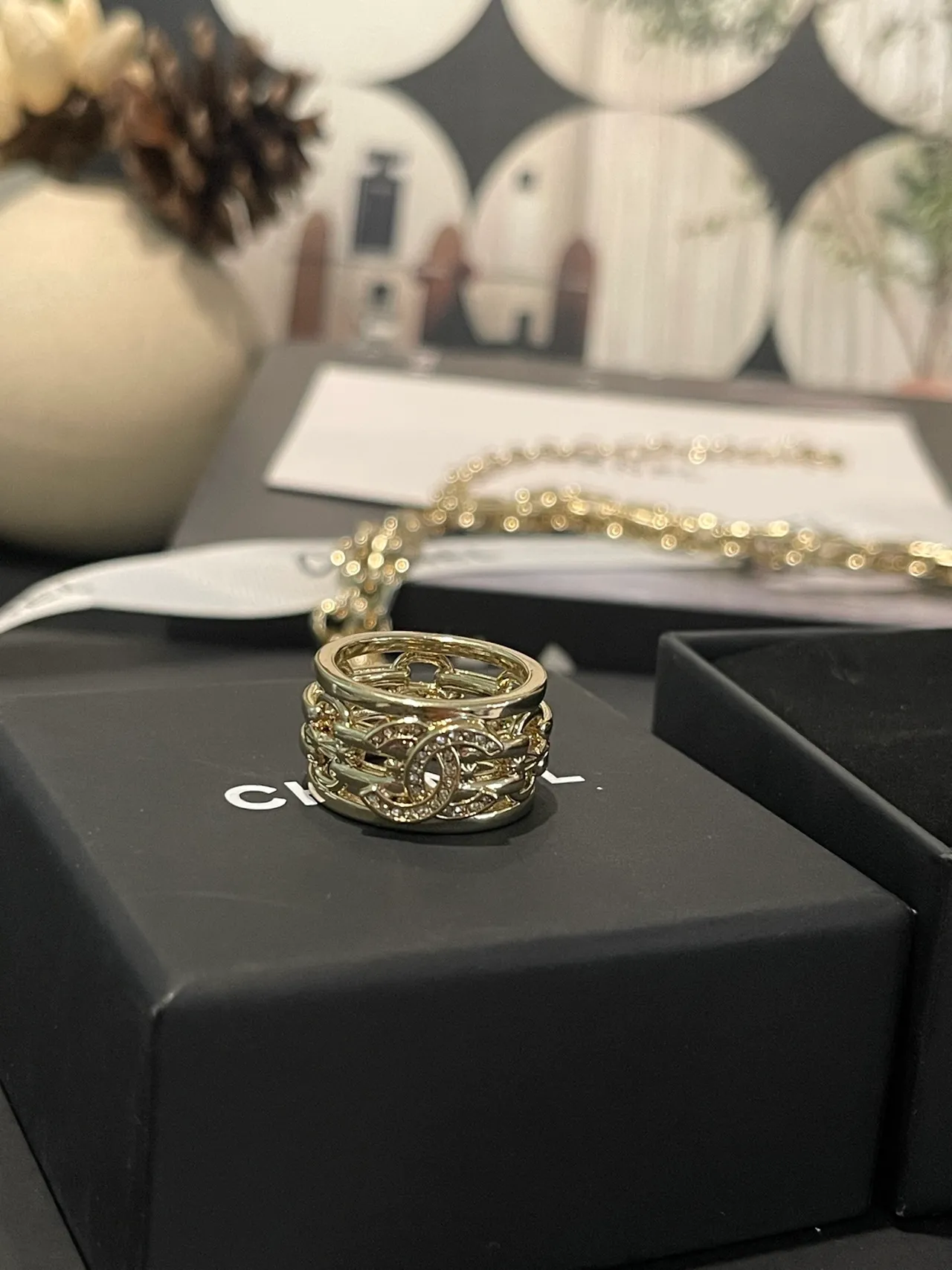 Chanel Gold Silver Multi-Band Pavé Crystal Ring 8