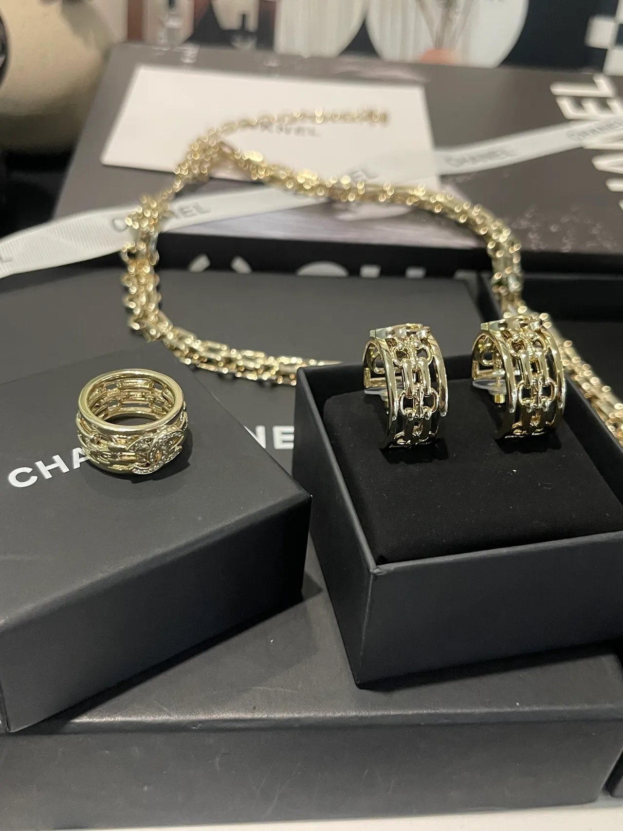 Chanel Gold Silver Multi-Band Pavé Crystal Ring 9