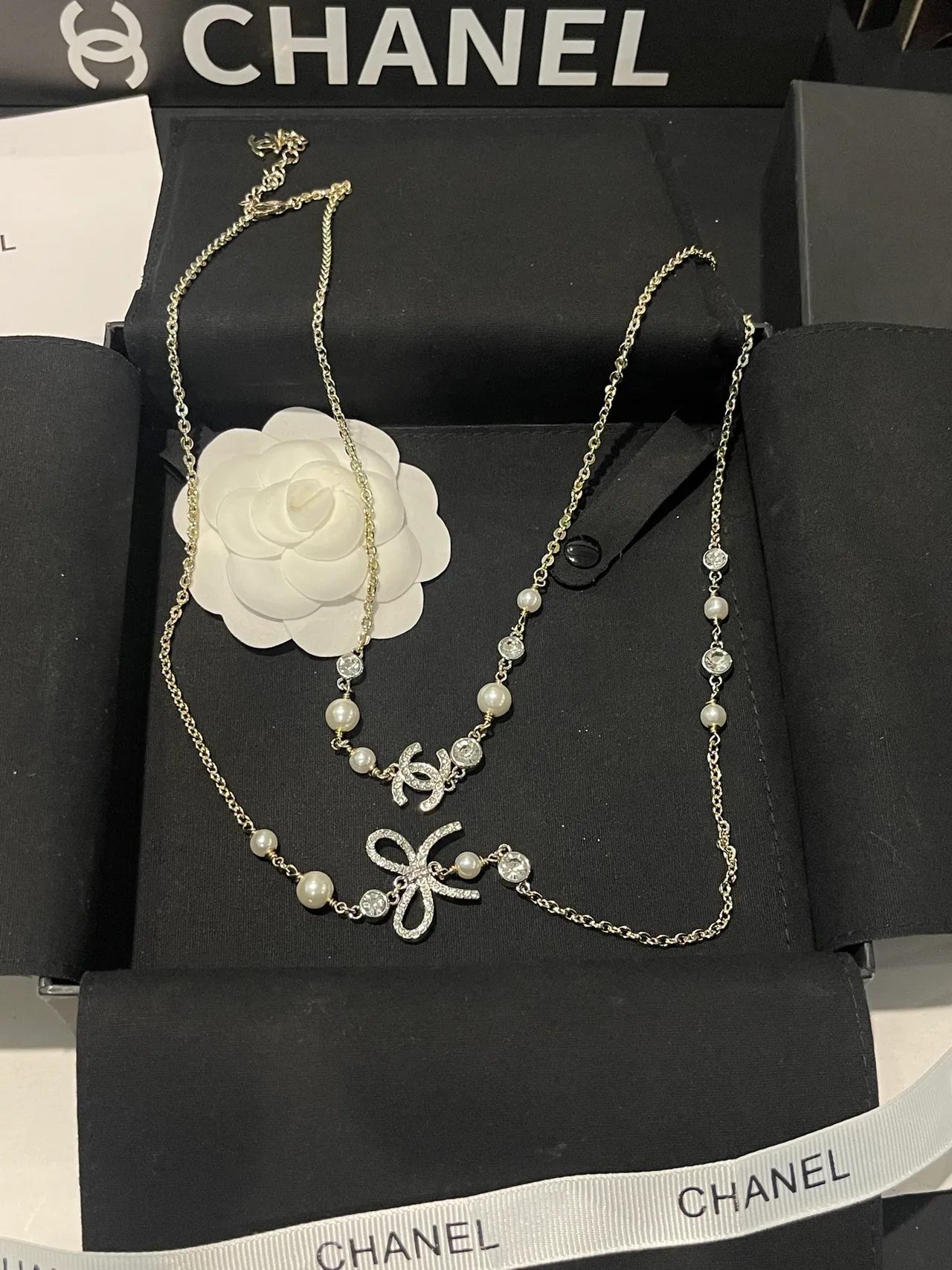 Chanel Gold White Layered Pearl-and-Crystal Necklace 2