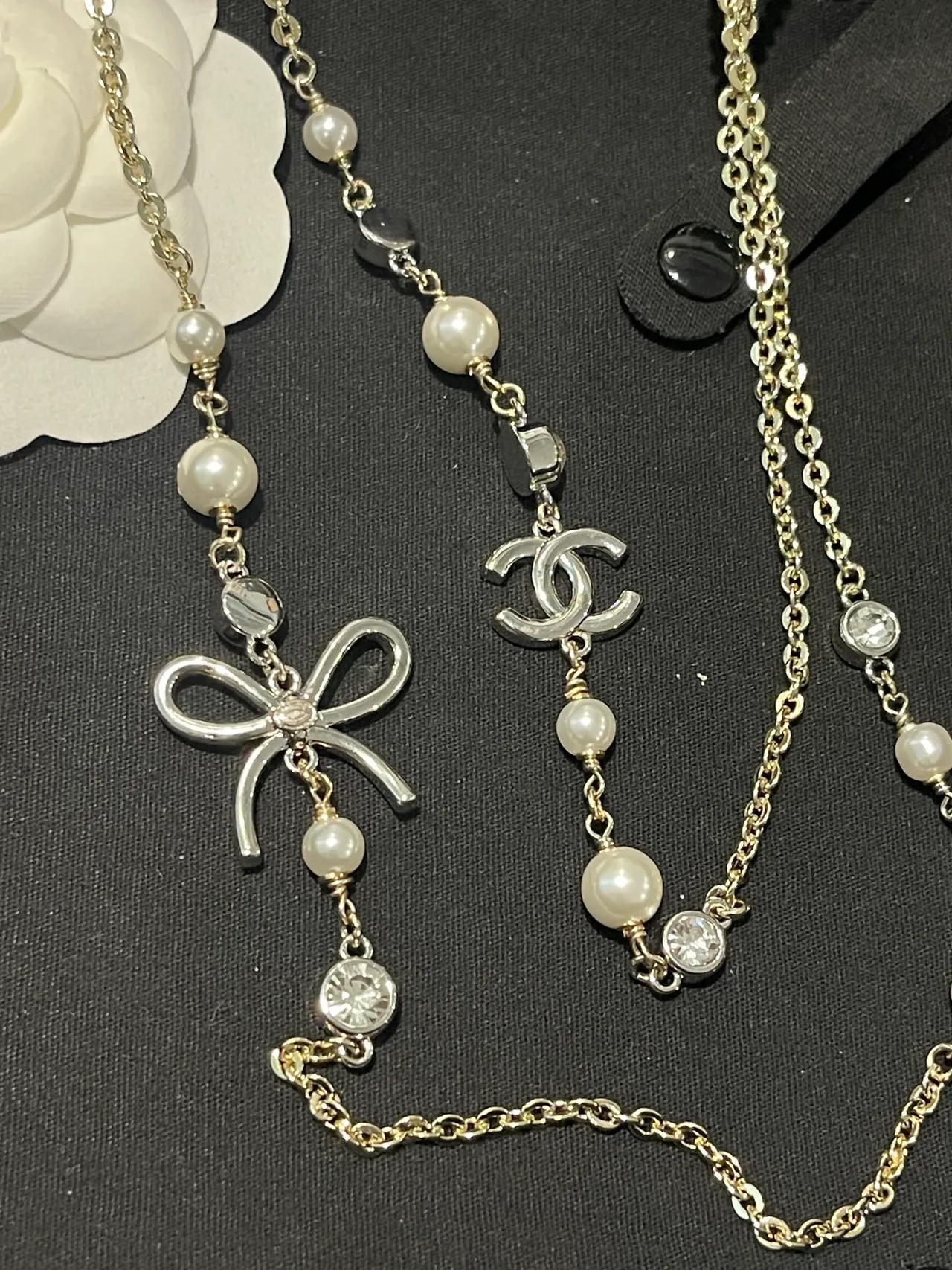 Chanel Gold White Layered Pearl-and-Crystal Necklace 4