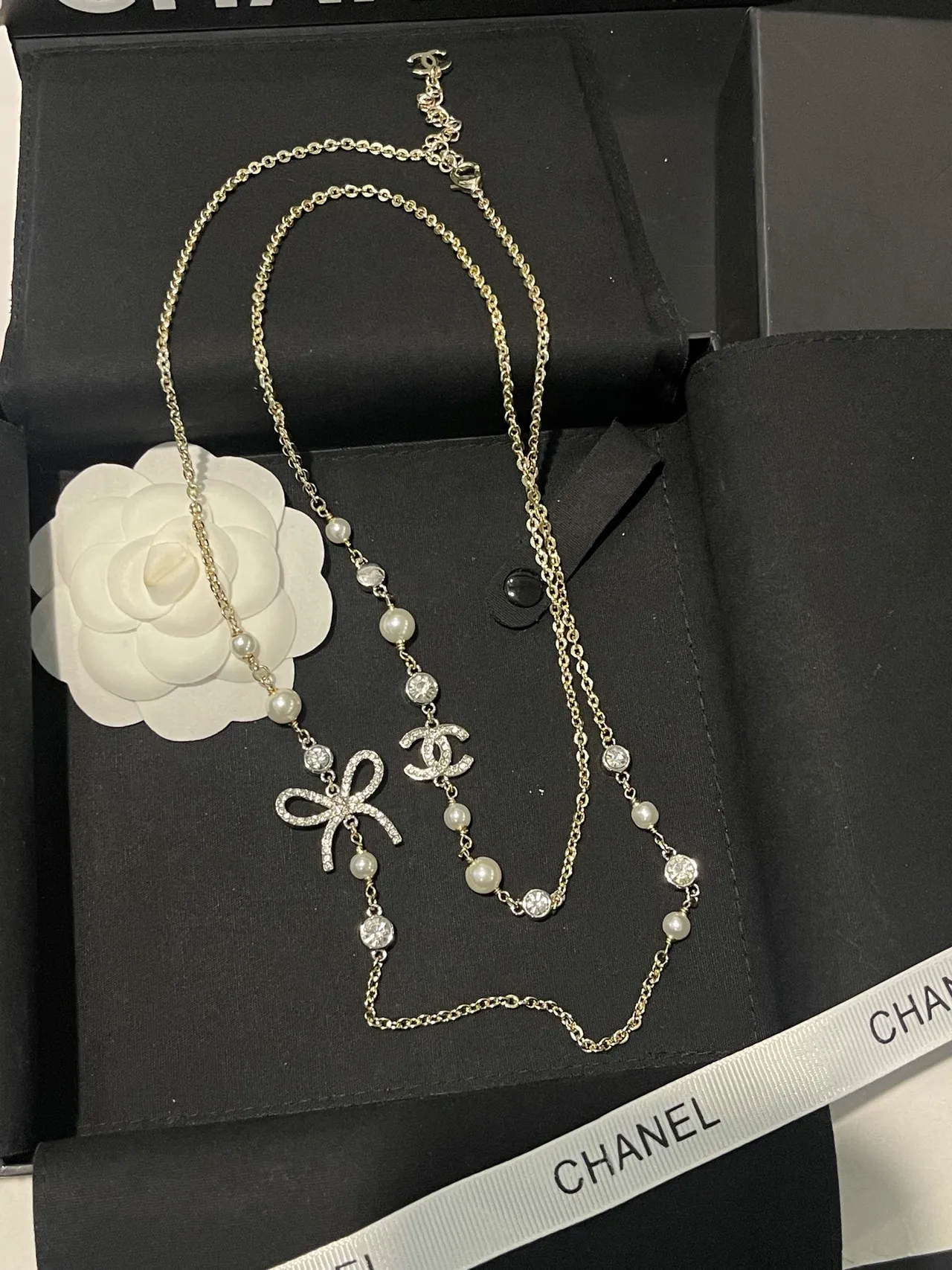 Chanel Gold White Layered Pearl-and-Crystal Necklace 7