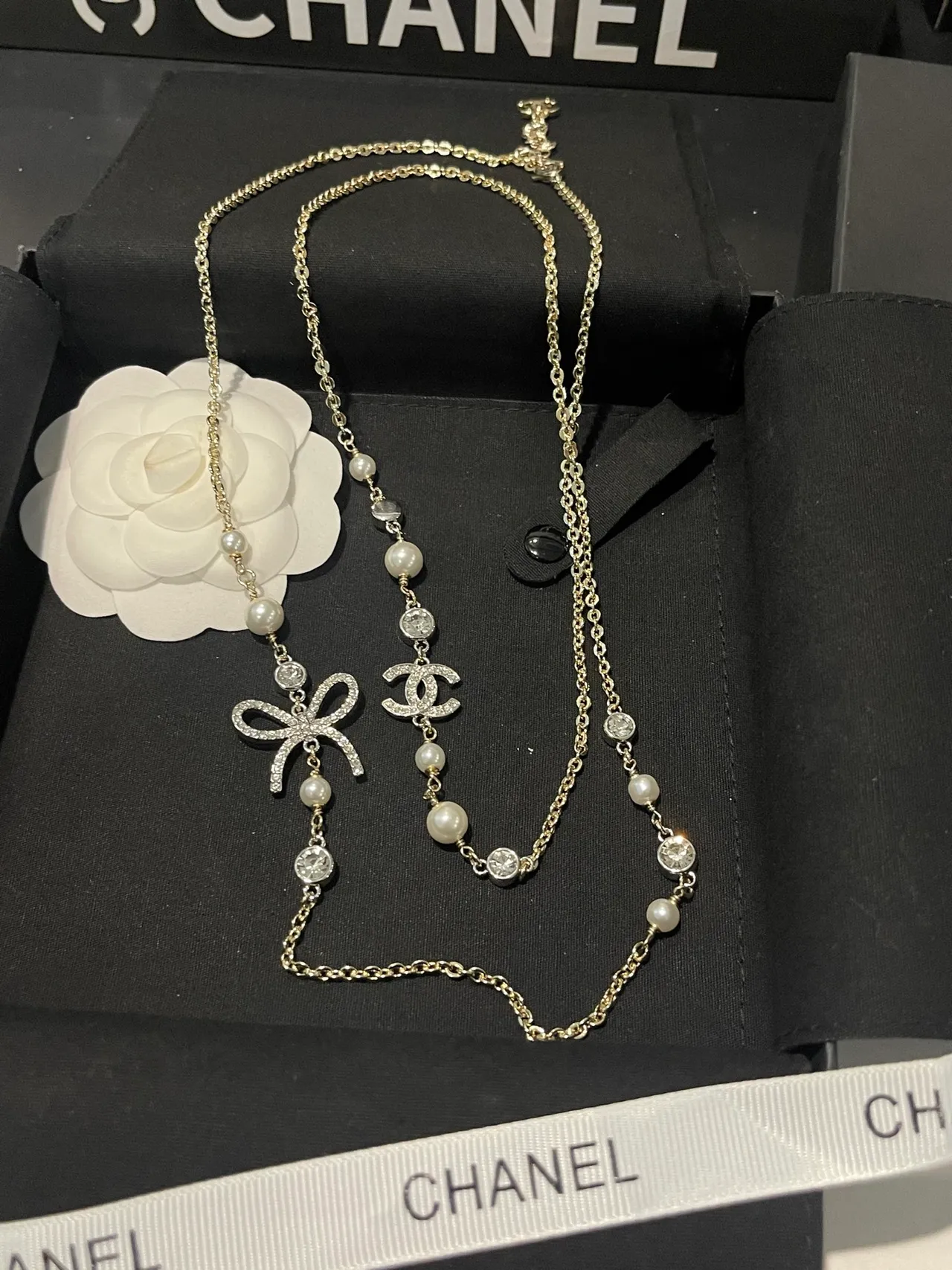 Chanel Gold White Layered Pearl-and-Crystal Necklace 8